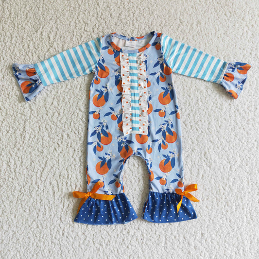 LR0172 infants baby girls stripe long sleeve romper kids orange pattern lace jumpsuit for autumn