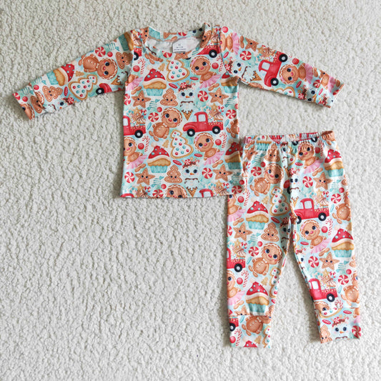 BLP0092 christmas gingerbread and bus print boy long sleeve pajamas set