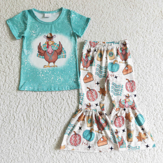 GSPO0195 thanksgiving day baby girls turkey short sleeve shirt and colorful pumpkin bell bottoms