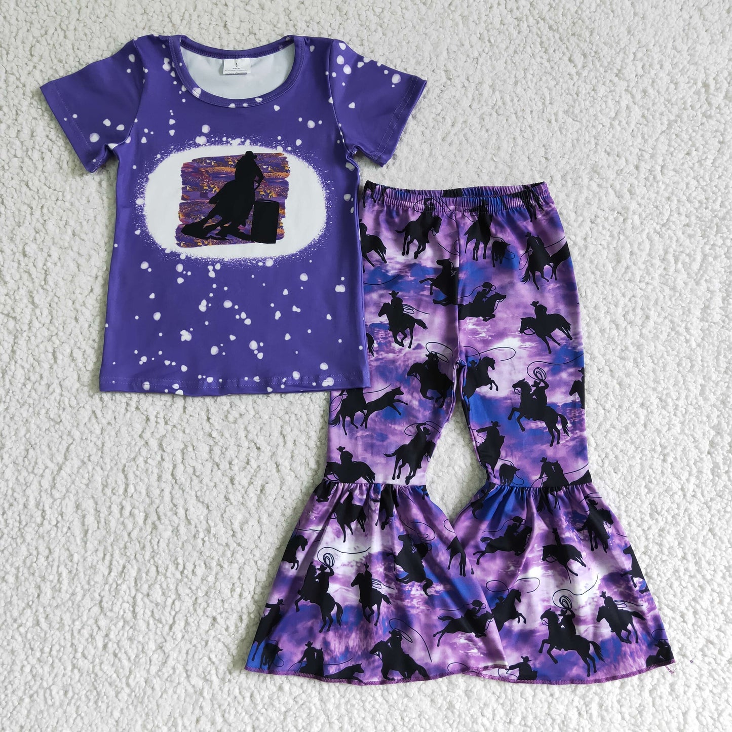 GSPO0203 girl purple short sleeve shirt and bell bottoms 2pieces set