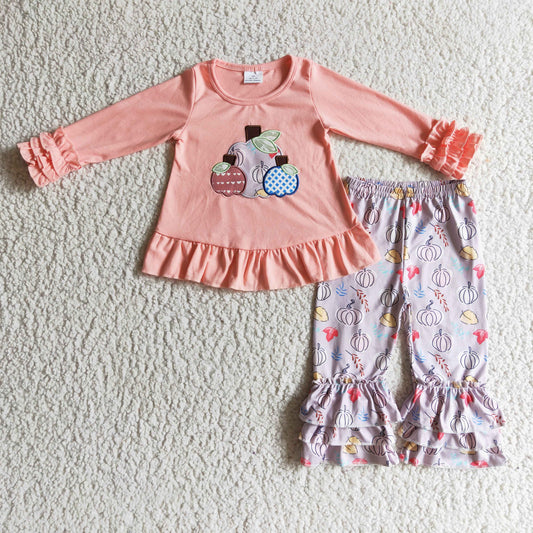 GLP0209 fall girl pink cotton long sleeve top with pumpkin embroidery elastic waist ruffle pants