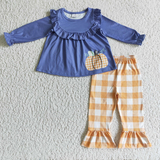 GLP0253 girl fall pumpkin print blue long sleeve blouses and plaid ruffle pants 2pieces set