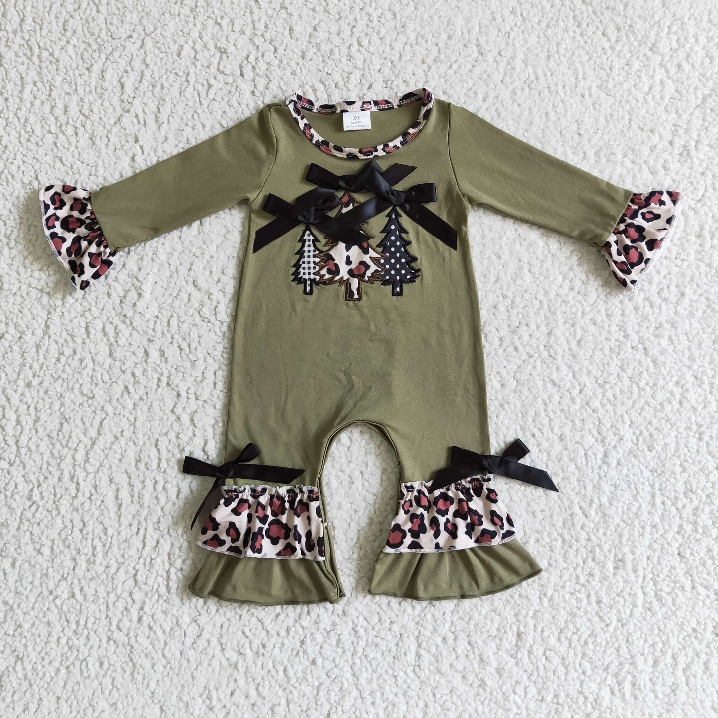 LR0166 christmas army green long sleeve cotton romper baby girls embroidery christmas tree jumpsuit