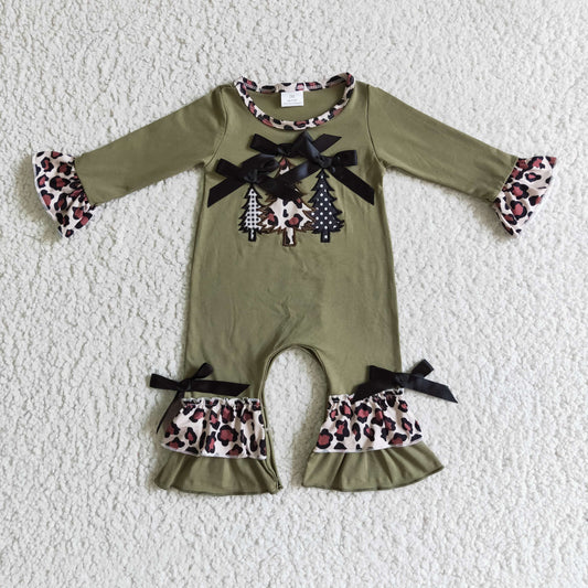 LR0166 christmas army green long sleeve cotton romper baby girls embroidery christmas tree jumpsuit