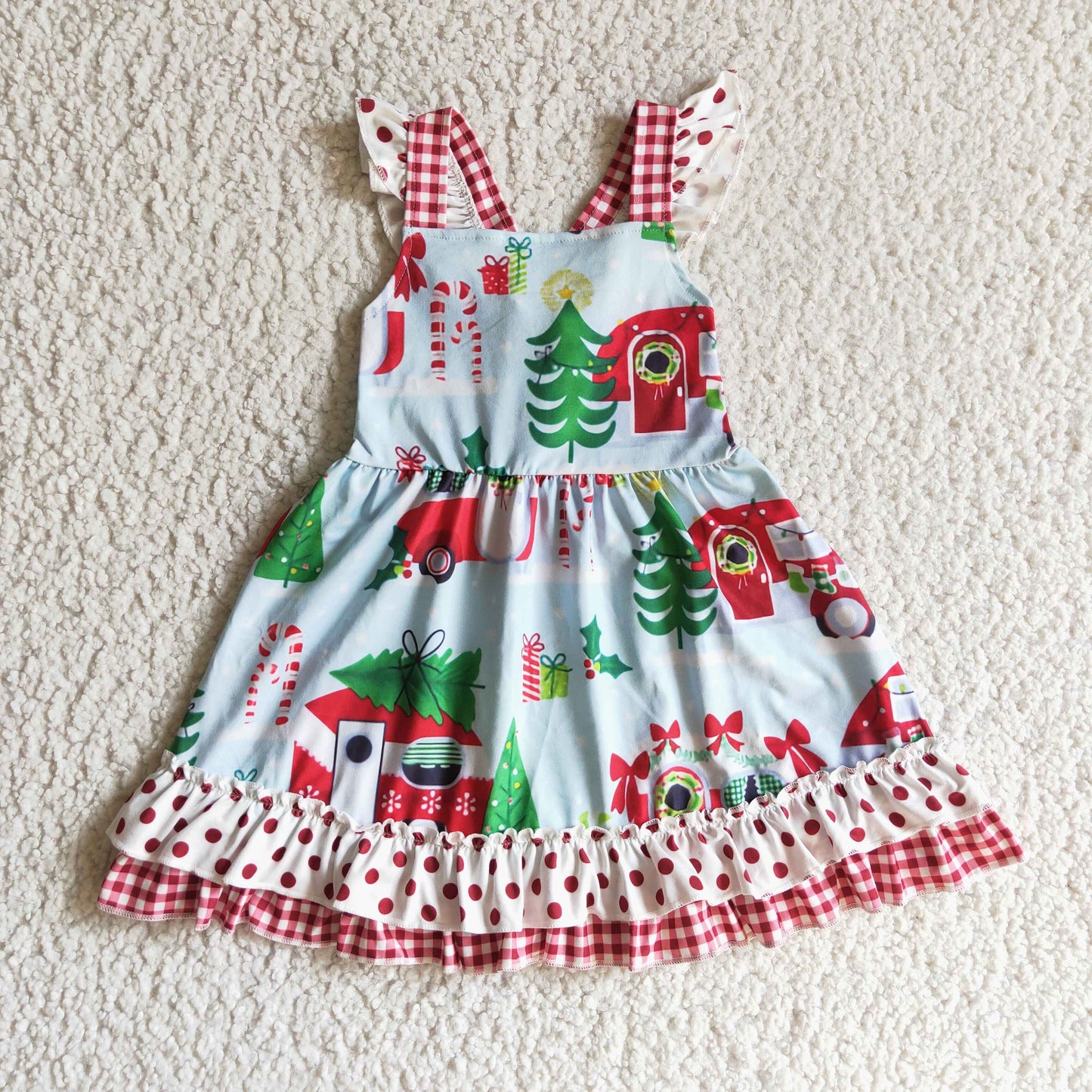 GSD0145 new arrival christmas girl flutter sleeve twirl with red polka dot