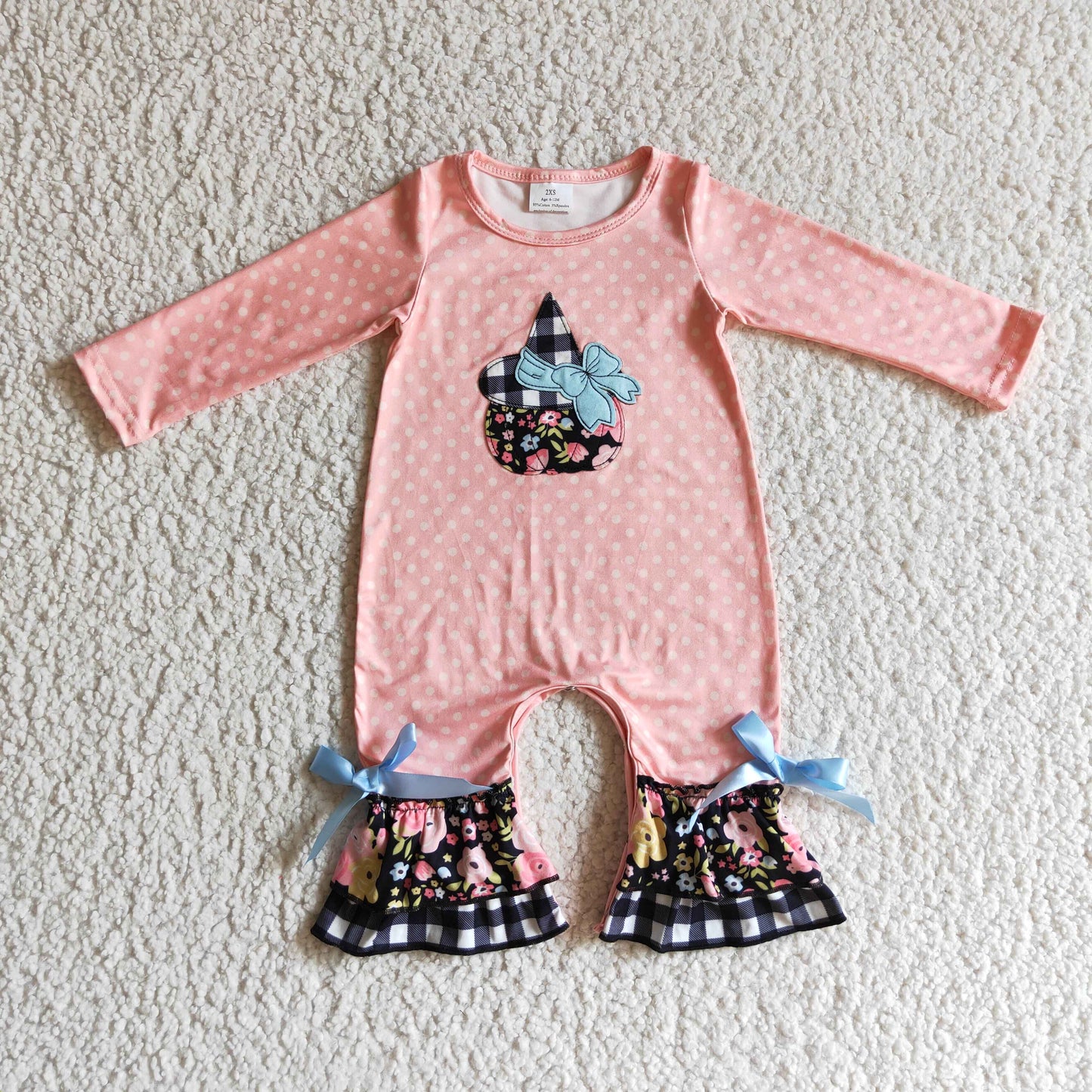 LR0147 baby girls pumpkin embroidery pink long sleeve romper with flowers print