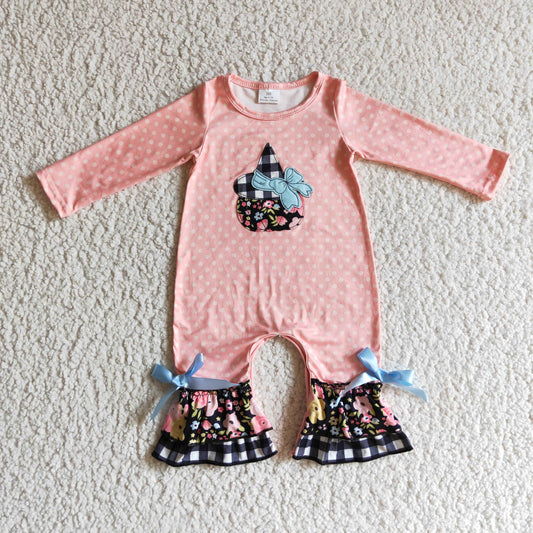 LR0147 baby girls pumpkin embroidery pink long sleeve romper with flowers print