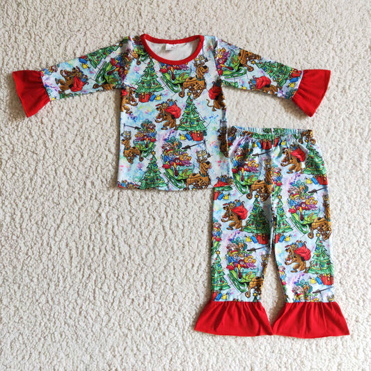 GLP0242 christmas girl long sleeve pajamas set with red ruffle