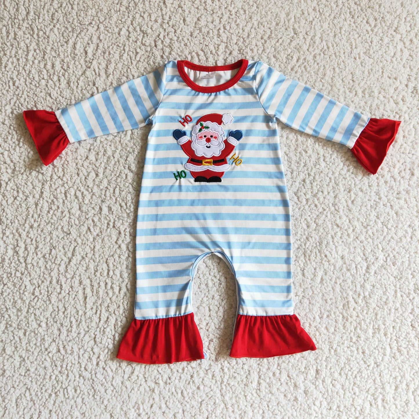 LR0120 infatns girl long sleeve stripe romper with santa embroidery christmas button jumpsuit