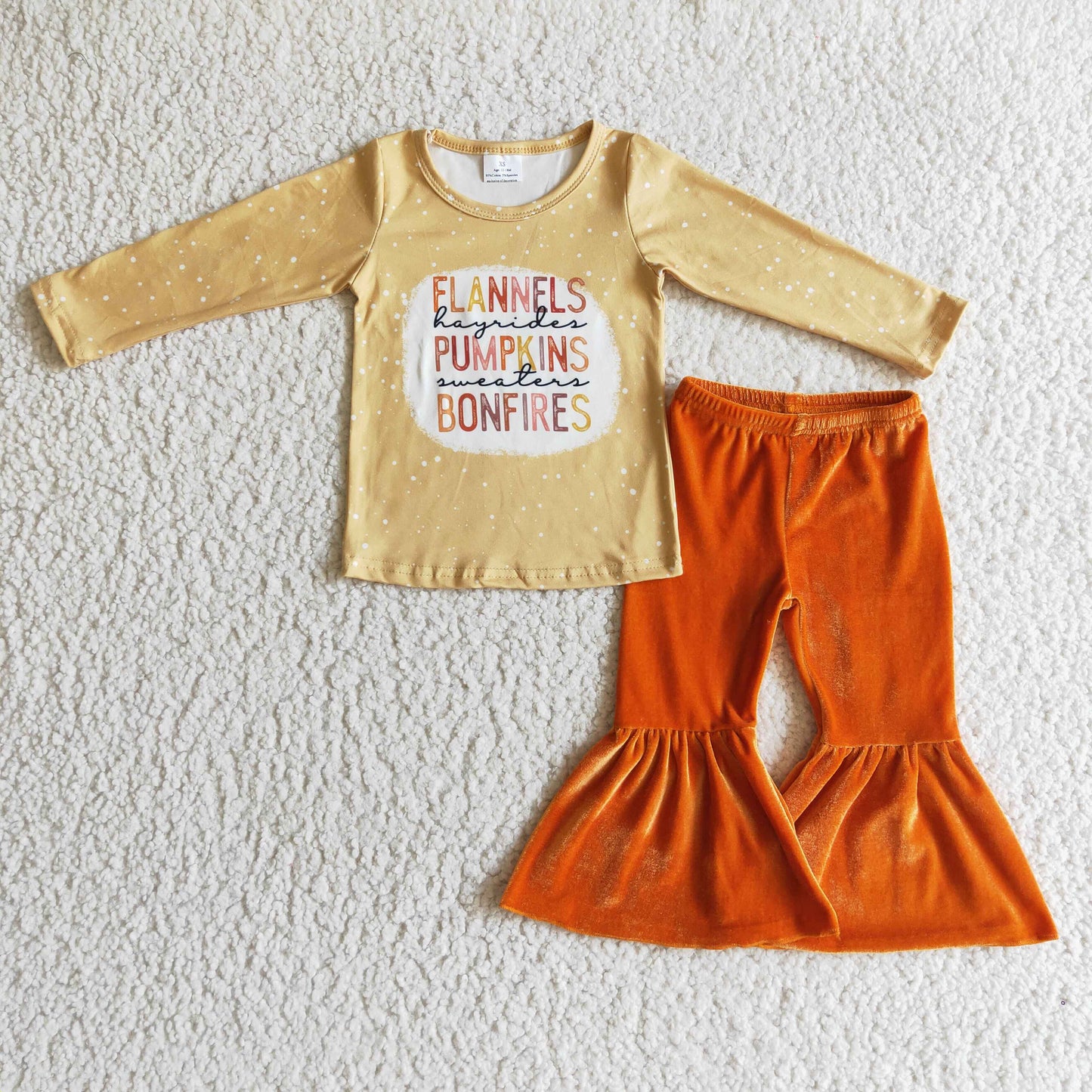 GLP0222 girl long sleeve letter design shirt match orange flannels flare pants 2pieces set