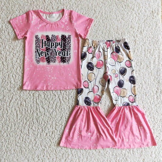 GSPO0204 girl pink short sleeve top and stitching bell pants kids happy new year outfit