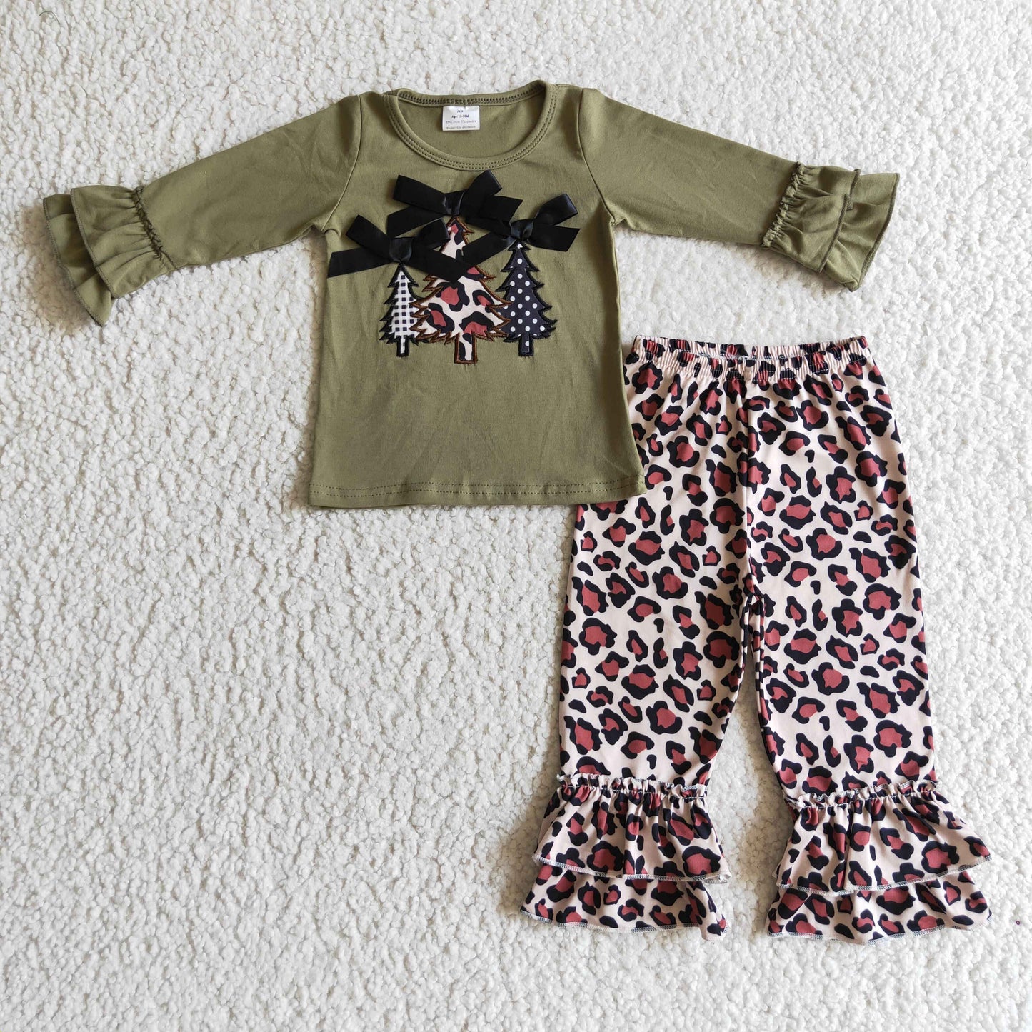 GLP0231 girl army green long sleeve top with christmas tree embroidery match leopard ruffles pants