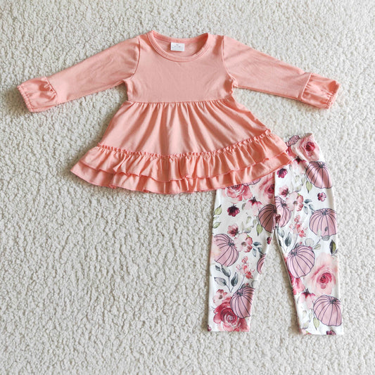GLP0265 fashion girl pink long sleeve ruffles top and pumpkin and flowers print straight pants