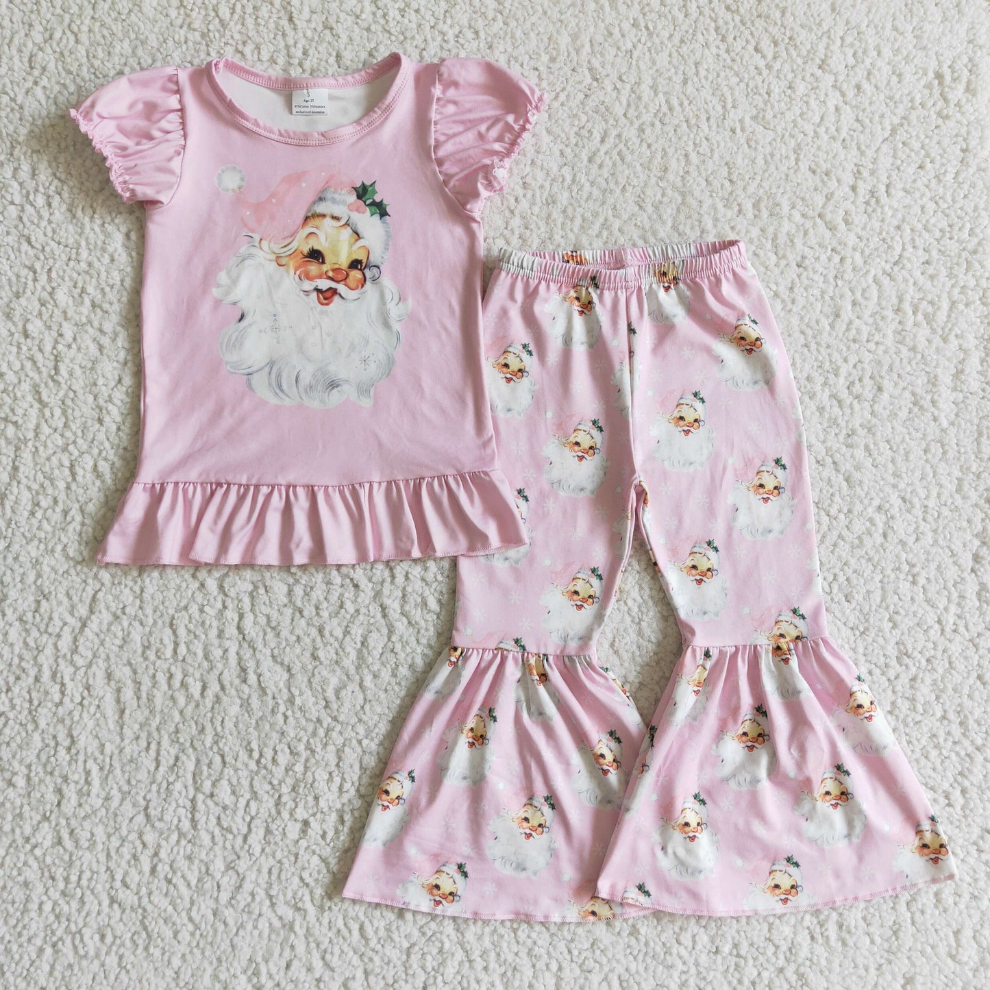 GSPO0202 girl puff sleeve pink shirt santa print elastic waist bell pants outfit for christmas