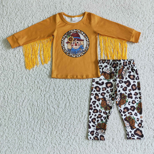 GLP0167 girl long sleeve o-neck shirt with yellow tassle match leopard straight pants