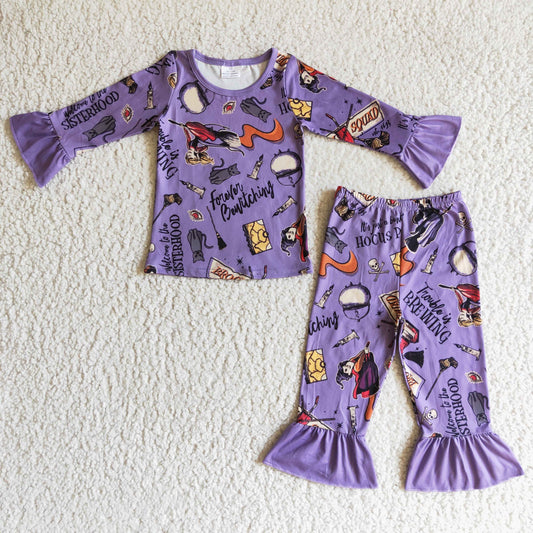 GLP0100 girl purple long sleeve pajamas set with ruffles