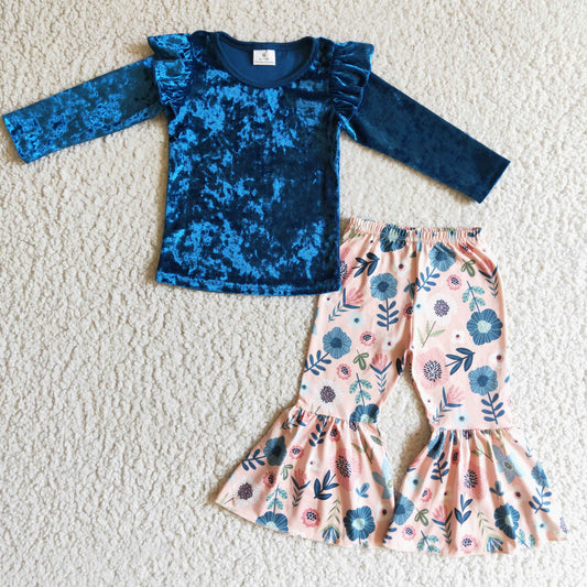 GLP0220 girl fall high quality flannels blue long sleeve top and flowers pattern bell bottoms set