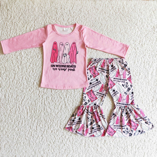 GLP0173 girl fall pink long sleeve shirt and elastic waist bell bottoms 2pieces set