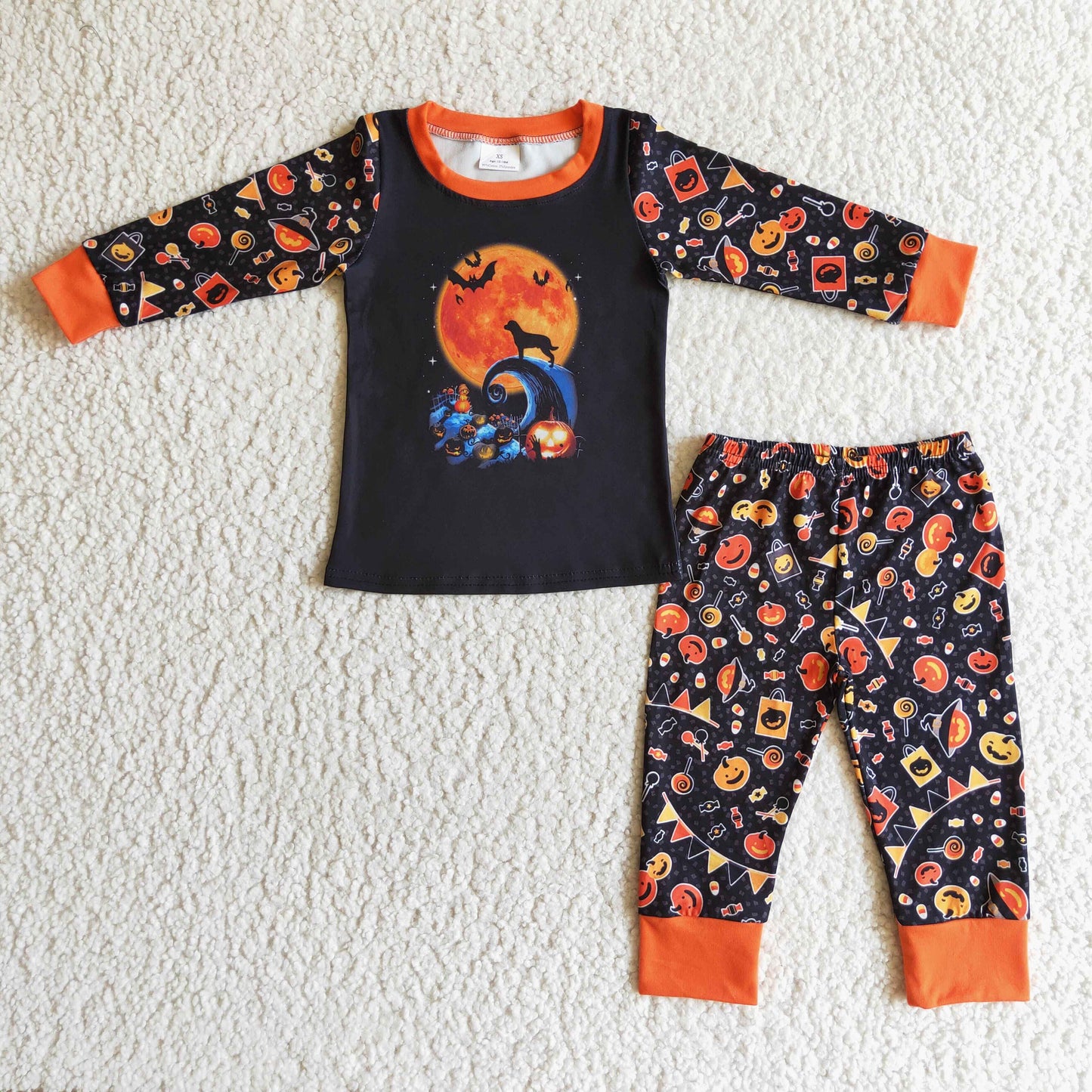 BLP0024 halloween boy long sleeve black top match pumpkin print pants