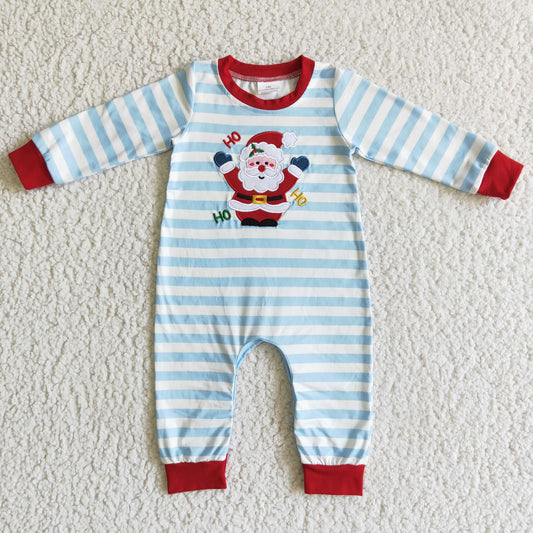 LR0121 boy blue white stripes long sleeve romper infants santa embroidery jumpsuit