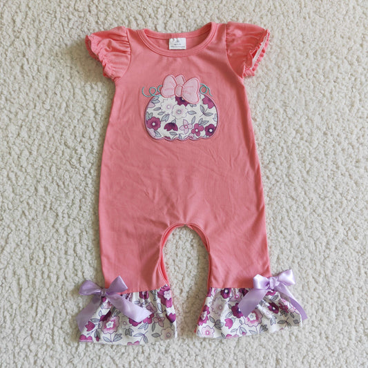 SR0097 baby girls pink cotton puff short sleeve romper infants pumpkin embroidery flowers jumpsuit