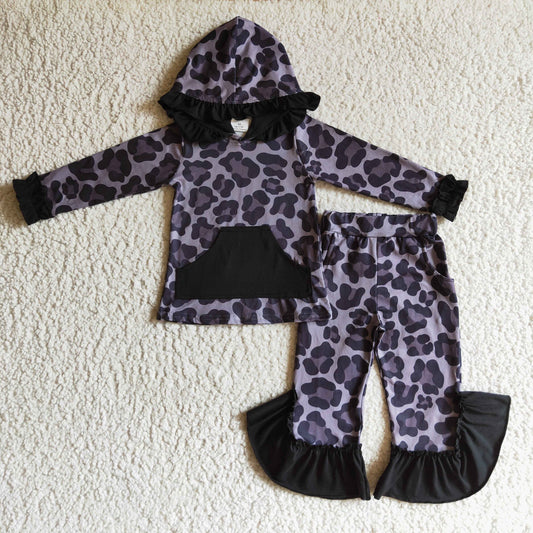 GLP0255 girl fall long sleeve leopard outfit kids gray hoodie match ruffle pants 2pieces set