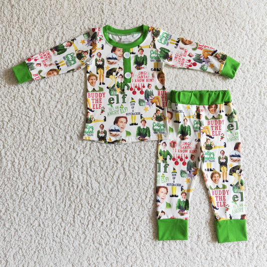 BLP0077 boy green o-neck long sleeve pajamas set for christmas