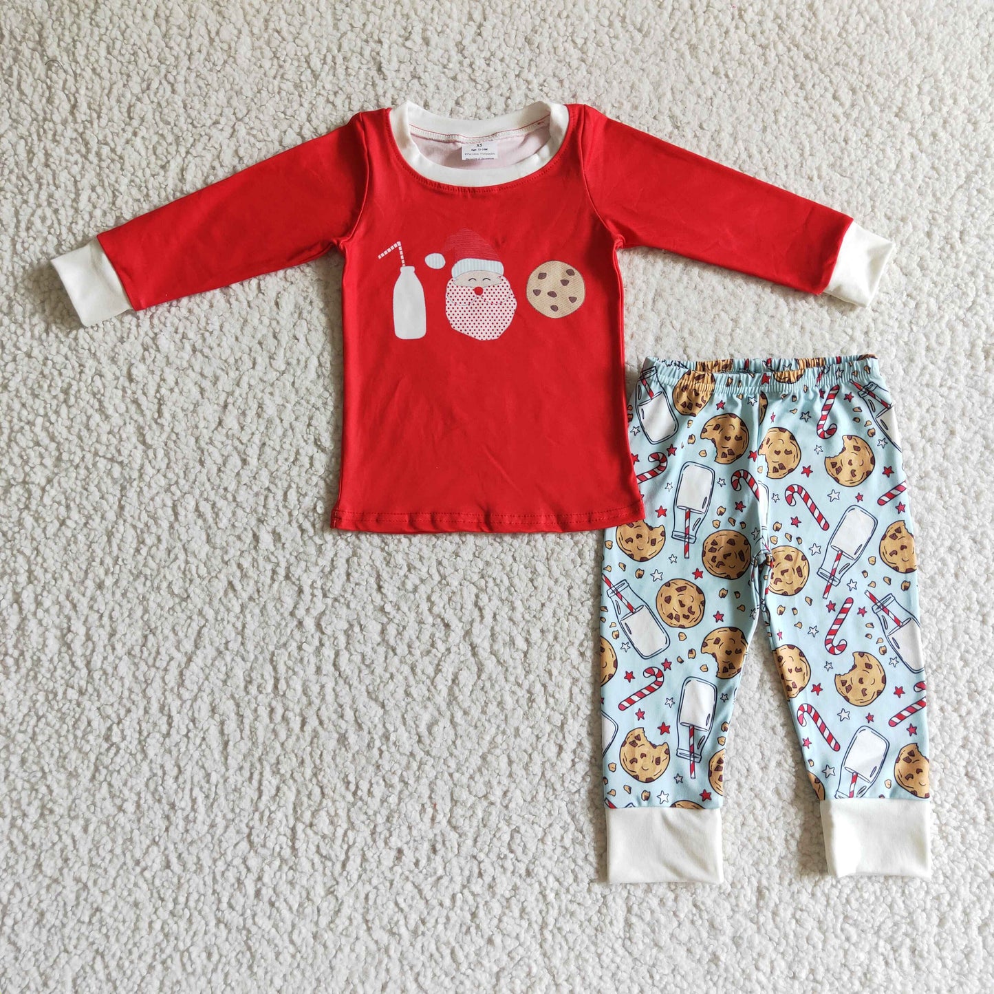 BLP0104 boy red long sleeve top with miilk santa and cookies print match long pants 2pcs