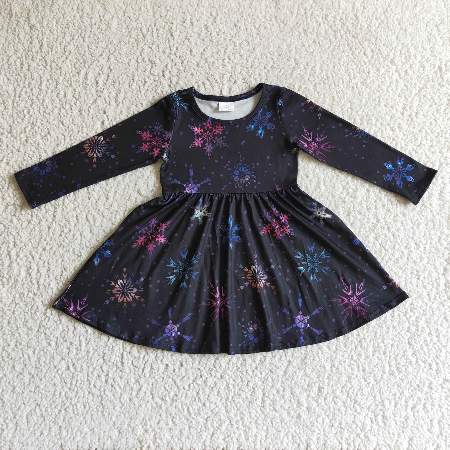 GLD0035 girl christmas long sleeve black twirl dress with snowflake print