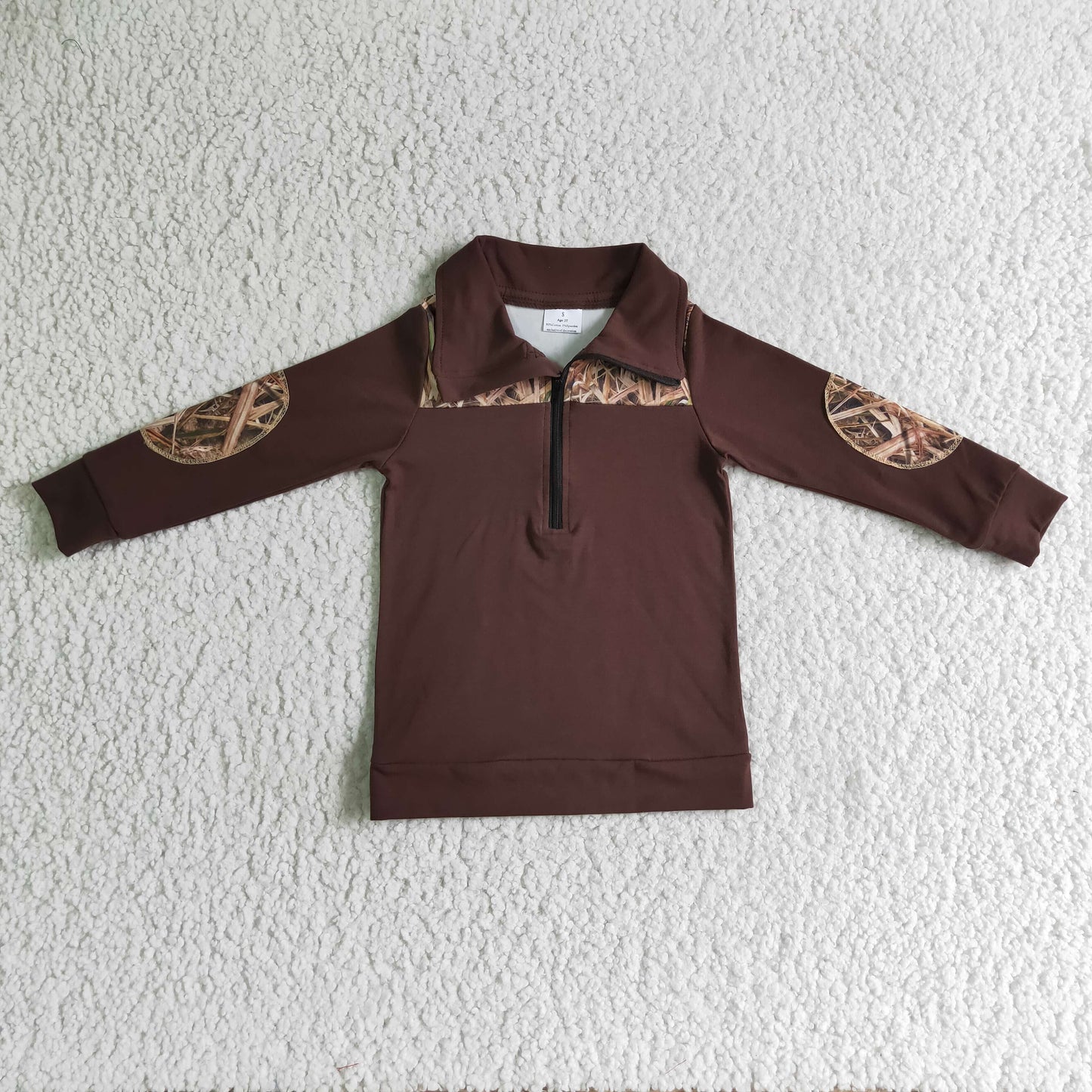 BT0070 boy brown cotton long sleeve turn-down collar top with zipper