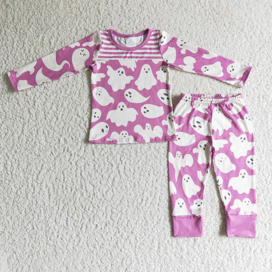 GLP0229 girl fade purple long sleeve ghost pattern pajamas set for halloween