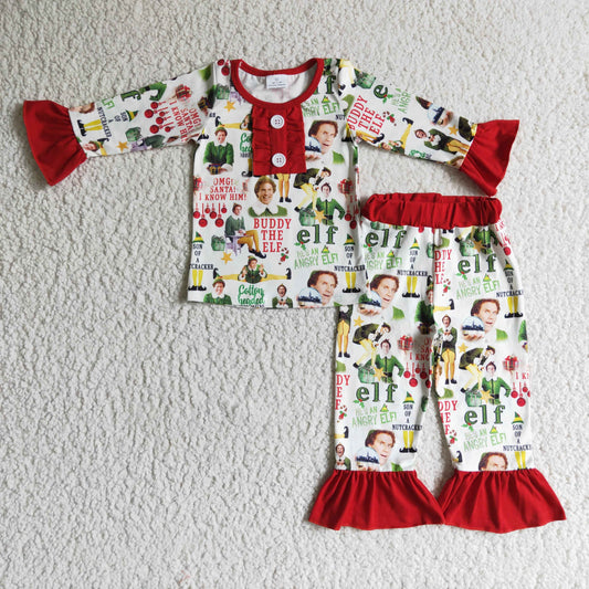 GLP0215 christmas girl long sleeve pajamas set with red ruffle