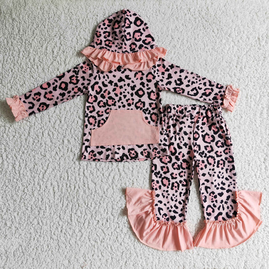GLP0254 girl fall long sleeve pink leopard outfit kids fashion hoodie with pocket match ruffle pants 2pieces set