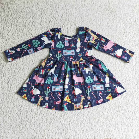 GLD0135 christmas girl long sleeve animals print twirl dress kids cactus navy frock with o-neck