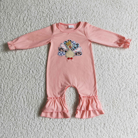 LR0146 infants pink cotton long sleeve romper baby girls leopard turkey embroidery jumpsuit