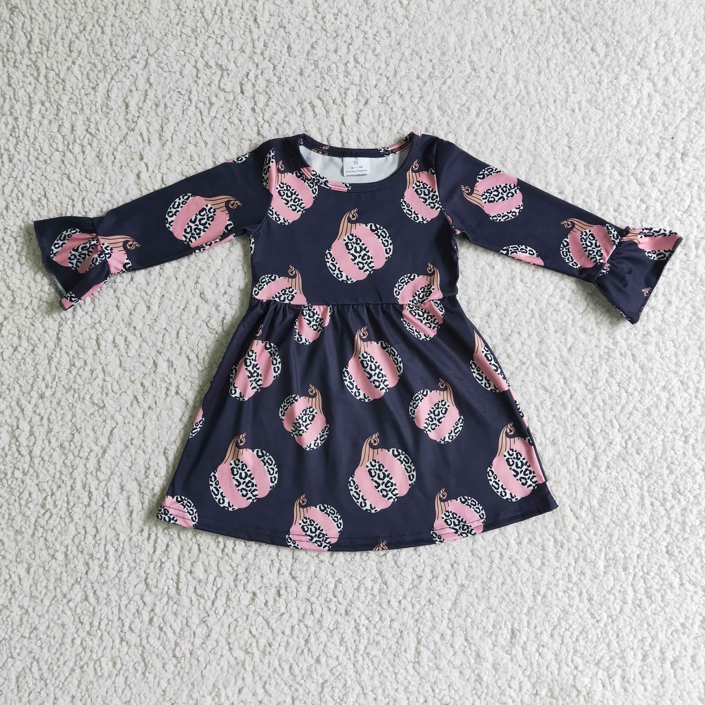 GLD0113 girl navy blue long sleeve leopard pumpkins frock fall kids o-neck dress