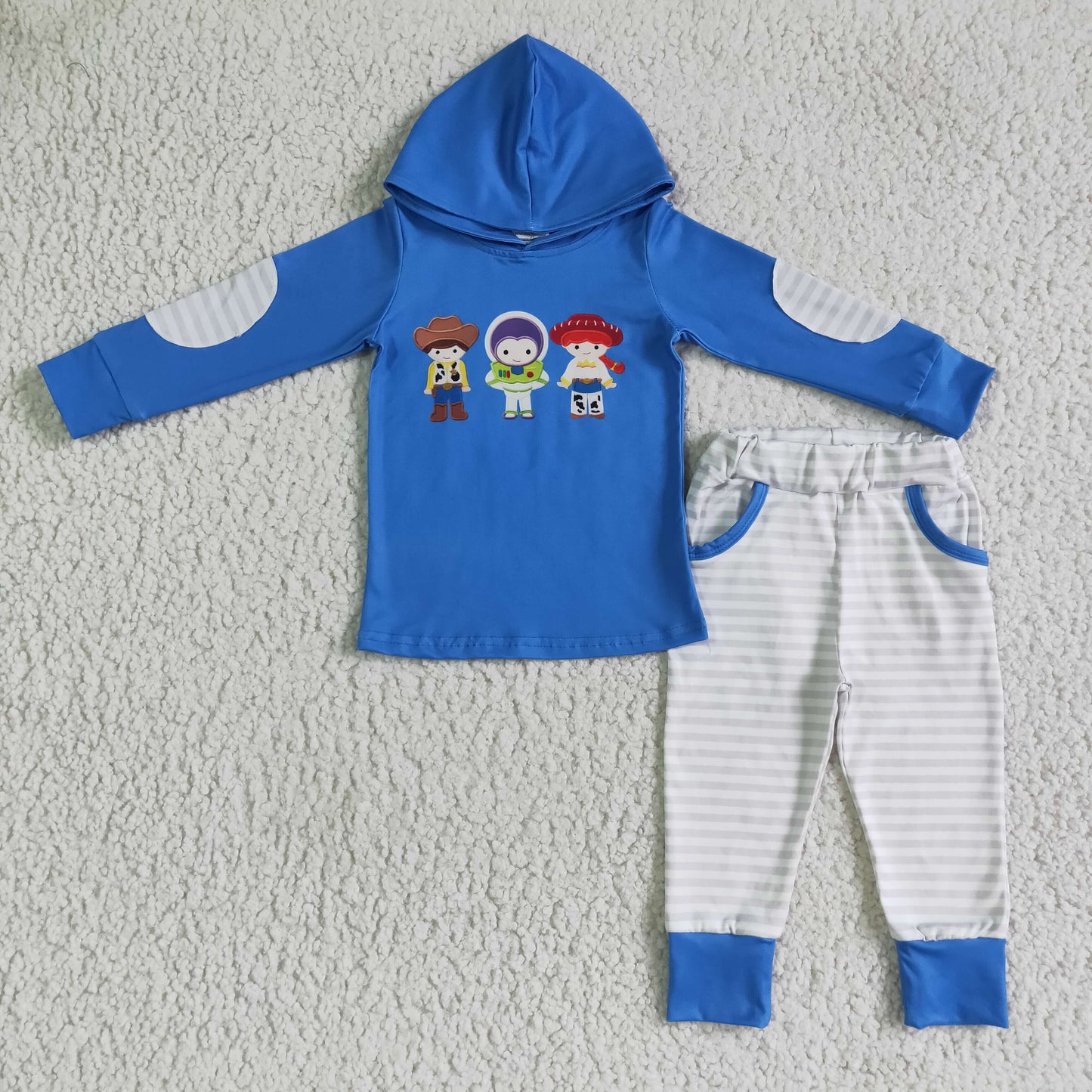 BLP0099 boy blue long sleeve hoodie and stripe elastic waist pants with pockets