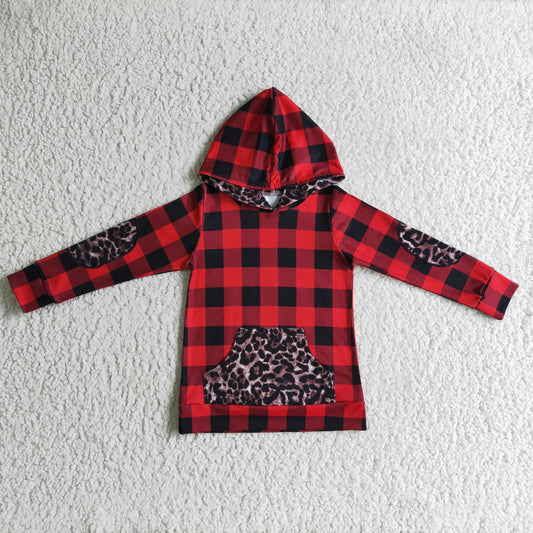 BT0048 kids red and black plaid long sleeve hoodie boy fall outwear with leopard pocket