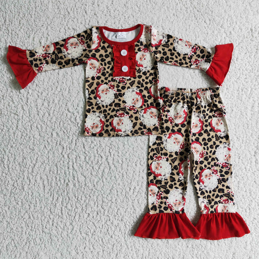 GLP0218 girl christmas red ruffle long sleeve outfit kids leopard and santa print pajamas set