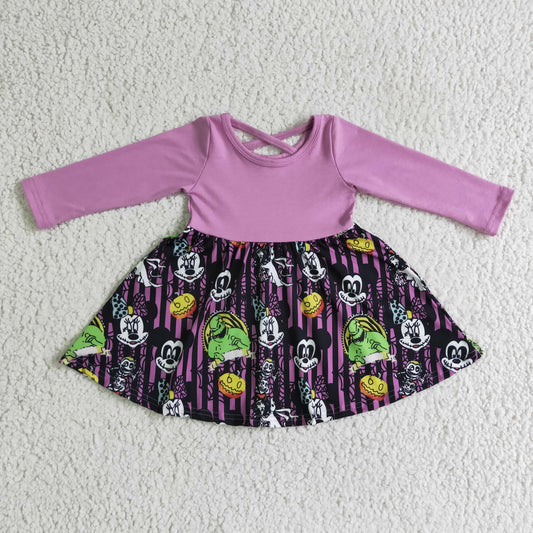 GLD0059 girl purple long sleeve stitching twirl dress halloween kids frock