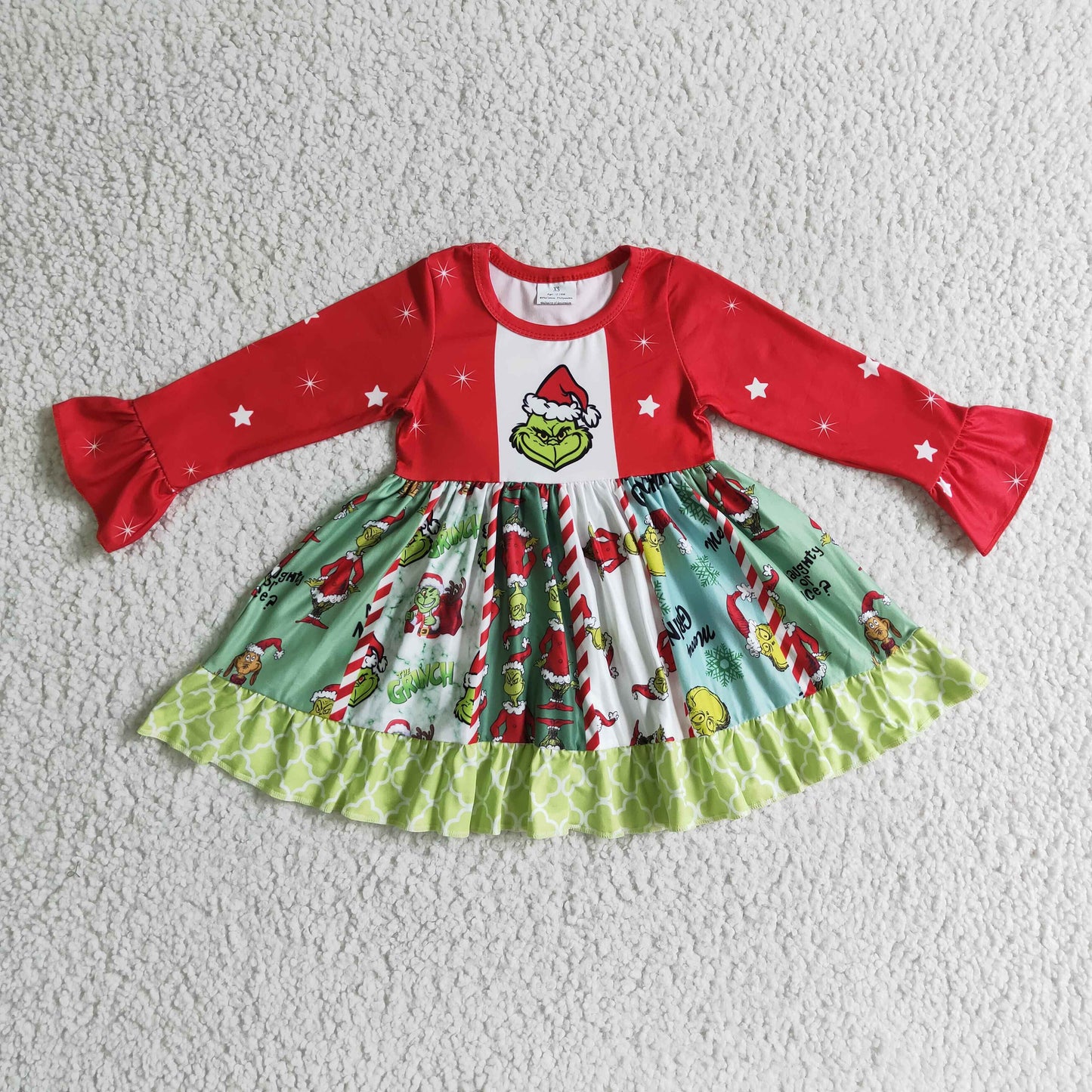 GLD0099 baby girls fashion stitching christmas twirl dress kids long sleeve ruffle frock