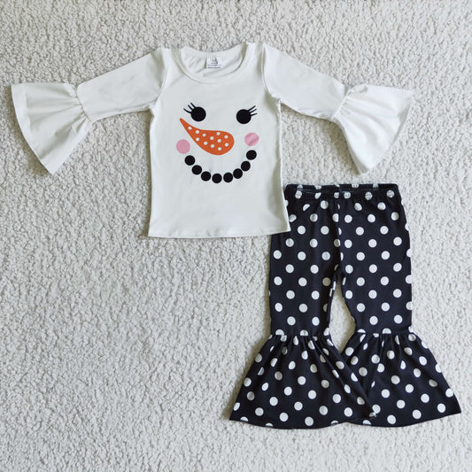 GLP0304 girl white long flare sleeve top match black bell pants with polka dot