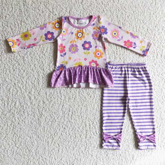 GLP0225 girl long sleeve flowers top match puple stripe straight pants 2pieces set kids fall outfit