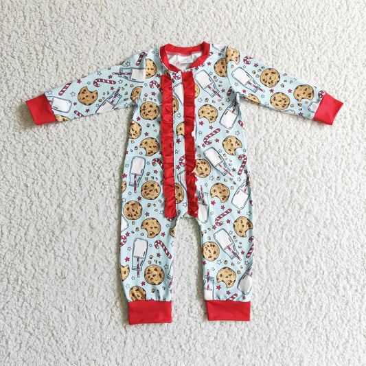 LR0185 baby girls christmas milk and cookies print long sleeve zipper romper with red ruffles