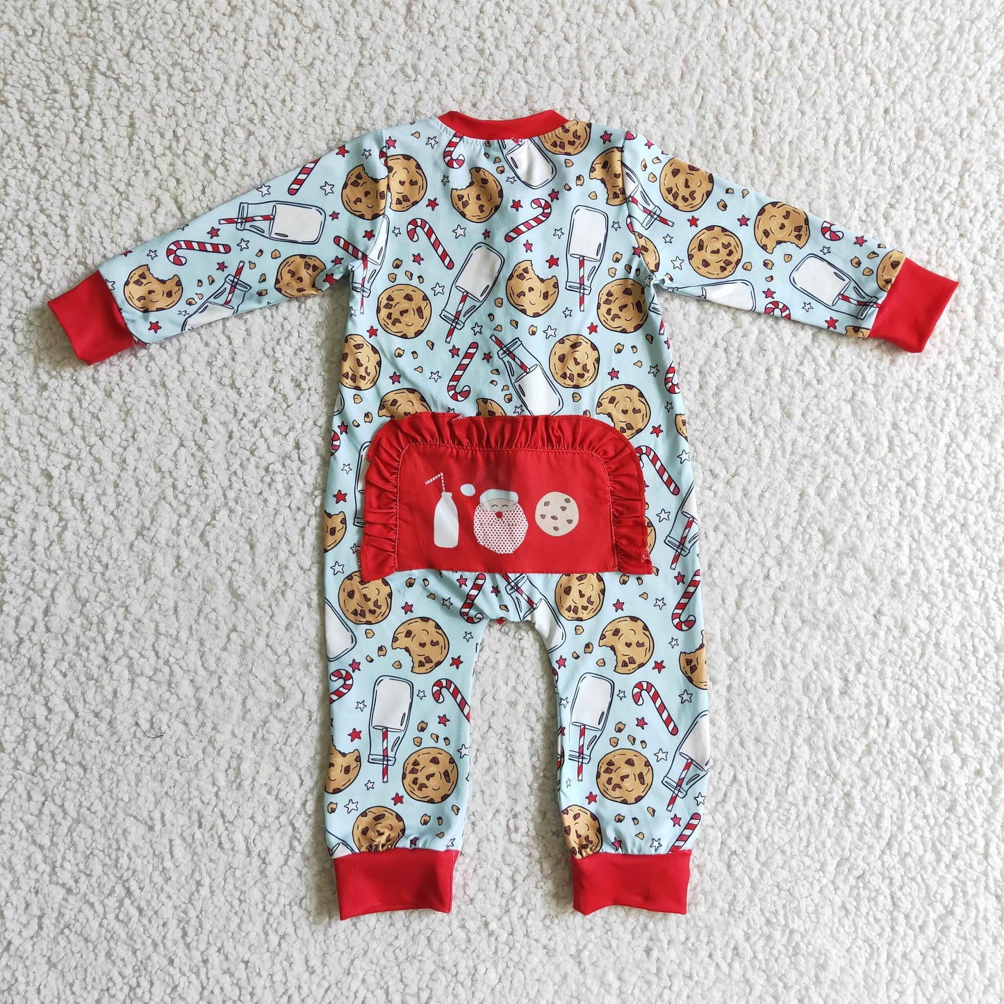 LR0185 baby girls christmas milk and cookies print long sleeve zipper romper with red ruffles