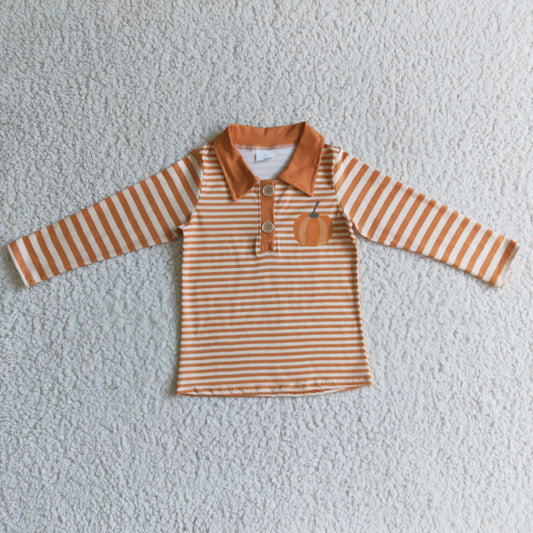 BT0039 boy stripe long sleeve turn-down collar top kids pumpkin printed jacket