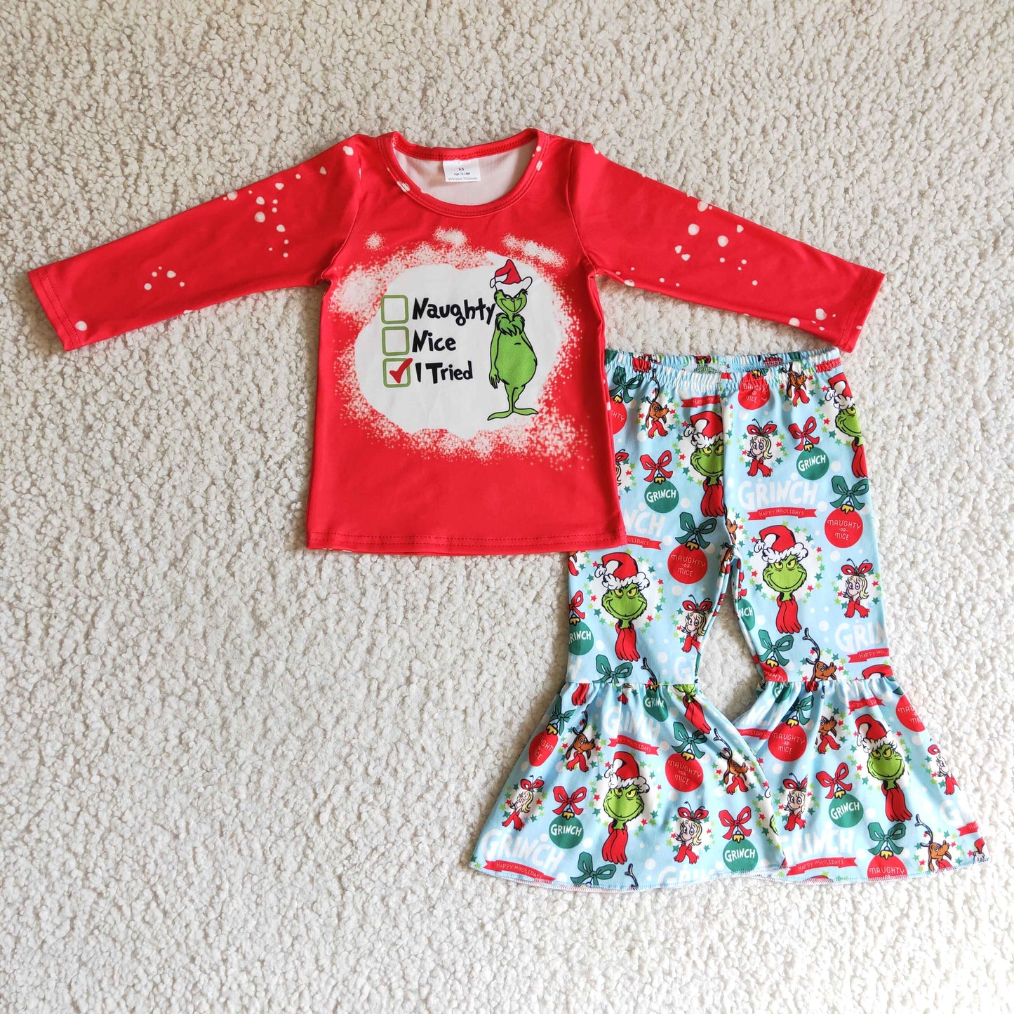 GLP0294 girl red long sleeve shirt and blue flare pants christmas kids outfit