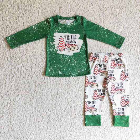 BLP0094 boy green long sleeve top and christmas tree cakes print pants 2pieces set