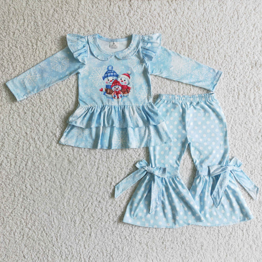 GLP0261 girl blue long sleevee ruffle top with christmas snowman print dot bell pants 2pieces set