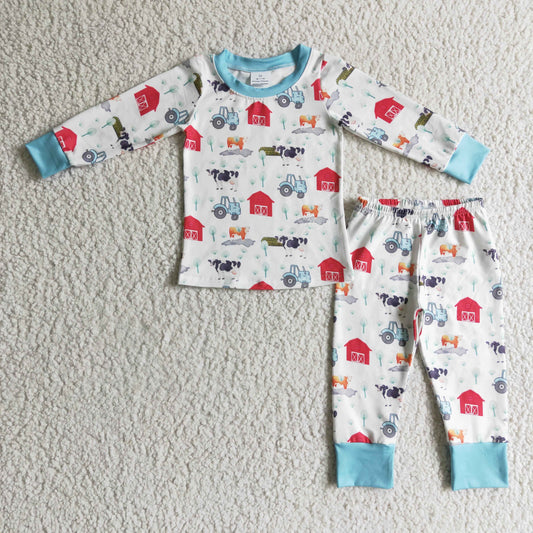 BLP0103 fall boy long sleeve farm pajamas set kids o-neck outfit with milk cow print